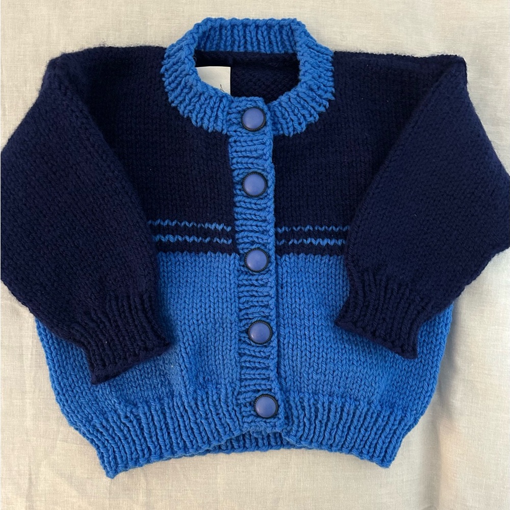 6-12 mo Boy/Girl 2 Tone Blue Cardigan Hand Knitted Sweater.